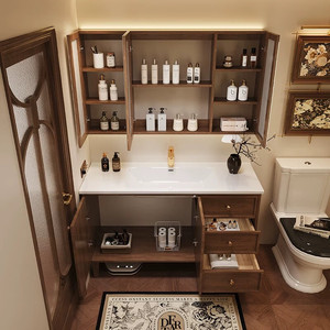 Vintage-style ceramic integrated bathroom vanity unit with washbasin and smart <b>mirror</b> cabinet - Product Image 5