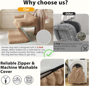 سرير كلاب كبير قابل للطي مصنوع من الفوم ذو الذاكرة، سرير كلاب بشري من القطيفة المضلعة مع غطاء قابل للإزالة والغسل ومقاوم للماء - Product Image 4