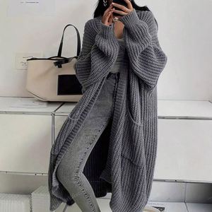 Элегантный длинный кардиган в корейском стиле выше колена для женщин, осенне-зимний, новый, в стиле Lazy <span class=keywords><strong>Style</strong></span>, свободный, утолщенный, вязаный. - Product Image 4