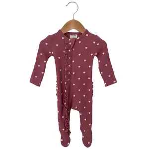 oem/odm custom print pattern eco-friendly kids clothing waffle knit ruffle cotton baby footie pajamas