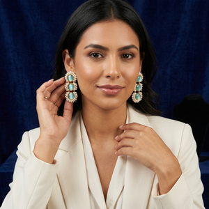 Gold Plated Blue Monalisa Stone Earrings Pearl <b>Cluster</b> Triple Drop Statement Earrings for Women Wholesale Indian Jewelry - Product Image 5