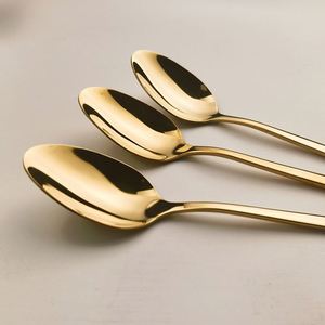 Lot de couverts en acier inoxydable argenté et doré, cuillères et fourchettes à manche rond, ensemble de vaisselle - Product Image 1