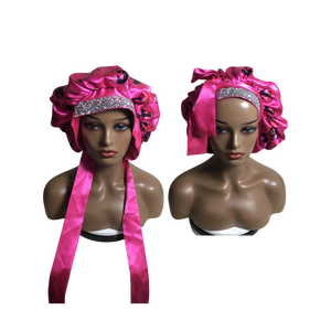 Pink Satin <b>Bonnet</b> With Glitter Band And Diamond Trim Full Logo Party Hat For Women 54-56cm Home Use - Product Image 1