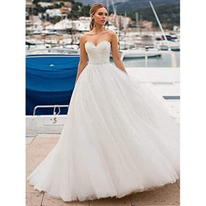 Elegant Lace Ball Gown Wedding Dress Sweetheart Neckline Tulle Ivory White Bridal Long Train Strapless - Product Image 1