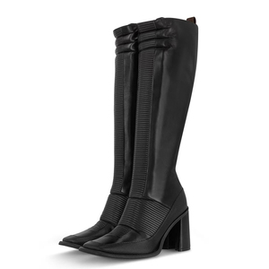 Classic High Chunky Heels Long Booties Front Sewing Side Zipper <b>Shoes</b> Women Square Toe Knee High Boots - Product Image 1