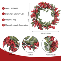 Couronne de Noël Artisanale Écologique 30cm, Baies Rouges et Feuilles Vertes, Verdure Artificielle pour Porte d'Entrée, Mur, Cheminée, Fêtes