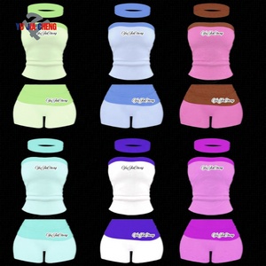 Completo Casual in Cotone <span class=keywords><strong>2026</strong></span>: Top a Canotta Bicolore e Pantaloncini Pieghevoli con Fascia per Capelli - Abbigliamento Estivo da Donna - Product Image 1