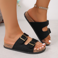 Sandales plates à double boucle en feutre pour femmes, à bout ouvert, à enfiler, décontractées, pour l'été, la plage et la marche en extérieur