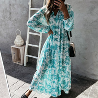 Vente en gros Robe décontractée florale d'automne à volants Col montant ceinture Robe d'été imprimé en toile de soie Robes longues fluides plissées grande taille pour femmes