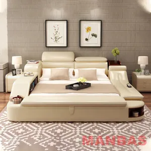 MANBAS Ultimate Tech Smart Bed With Multifunctional Frame And Genuine Leather Upholstery Tatami Massage Double Beds Frame