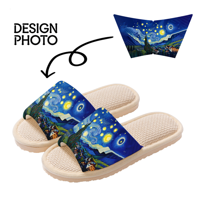 Men's Bedroom Slippers, Men's Slippers with Linen Sole, Wholesale Custom Slippers with Printed Graphics