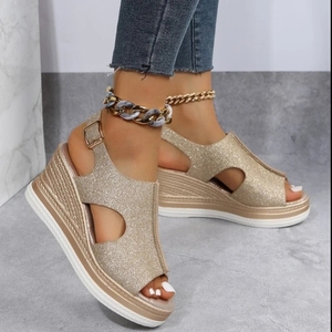 2024 nouveau découpé paillettes couleur doré argent femmes décontracté sandales à semelles compensées une ligne boucle Peep orteil femmes été plage sandales - Product Image 6