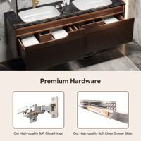 Set Perlengkapan Kamar Mandi Mewah Modern dari Kayu Solid Terapung dengan Wastafel Terintegrasi Batu Sinter dan Kabinet Cermin LED Pintar