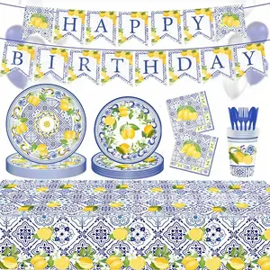 142 pièces bleu et blanc porcelaine citron fête thème décor jetable vaisselle ensembles bannière PE nappe porcelaine citron fête