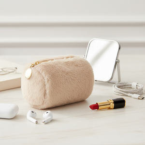 Plush Barrel <b>Mini</b> Cosmetic <b>Pouch</b> with Gold-Tone Zipper for Travel Makeup and Small Beauty Item Storage - Product Image 4