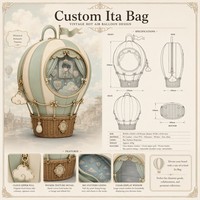 Mochila Vintage de Cuero PU Verde Salvia y Crema con Diseño de Globo Aerostático, Tirador de Cremallera con Nube, Forro con Patrón de Cielo y Ventana Dorada