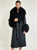 Janveny 2026 Nouvelle Collection Hiver – Manteau en Laine et Cachemire Mélangé avec Vraie Fourrure de Mouton de Mongolie pour Femme, Longueur Genou, à Lacets
