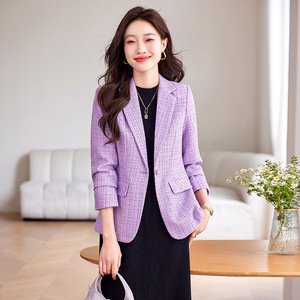 Purple Plaid Blazer Women One Button Casual Suit Jacket Spring Autumn Anti Wrinkle Worsted Fabric Pocket Design - Product Image 1