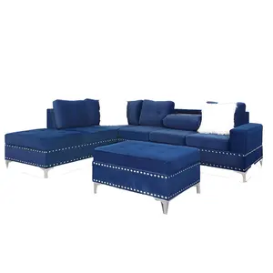 Sofa beludru listrik berbentuk L Modular dengan penyimpanan sofa berbagi model baru sofa Amerika dengan gigi biru