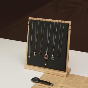 Justsoso Bamboo Necklace <b>Display</b> Stand Wood Jewelry Holder Black Pu Modern Rectangular Tabletop Organizer - Product Image 4