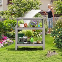 Table de travail de jardin grise, banc de potager en plastique HDPS imitation bois, 3 étagères, crochets amovibles, vis en acier inoxydable, pour extérieur