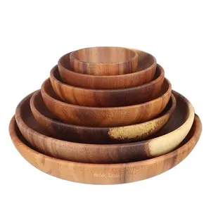 Tersedia mangkuk kayu Acacia mangkuk salad set berbagai ukuran mangkuk alami