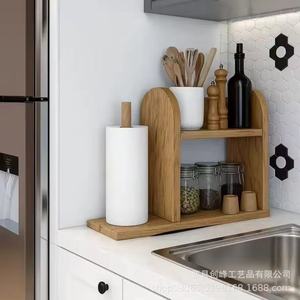 Wooden <b>Kitchen</b> Spice Rack Countertop Storage With <b>Paper</b> Towel Holder 2 Tier Multifunctional Organizer For Home Use - Product Image 2