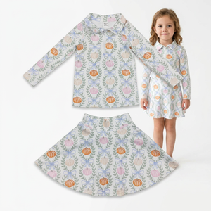 Ensemble 2 pièces pour fillette automne, imprimé citrouille aquarelle et nœud, haut à demi-zip et jupe évasée, tenue de Thanksgiving pour enfants, écologique - Product Image 1