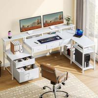 Bureau d'ordinateur en forme de L avec prise de courant et bande de LED Bureau à domicile avec étagères de rangement Bureau de jeu d'angle