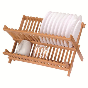 Foldable Bamboo <b>Dish</b> <b>Rack</b> 2 Tier With Drainage For Kitchen Countertop Use - Product Image 5