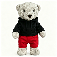 Ours en peluche gris bouclé de haute qualité, à câliner, avec tenue décontractée (hoodie et short), personnalisable avec logo, animal en peluche, poupée en peluche