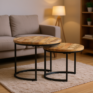 Tables basses gigognes en bois naturel, ensemble de 2, meubles de salon rustiques et modernes, dessus rond marron, pieds en métal, décoration intérieure - Product Image 2