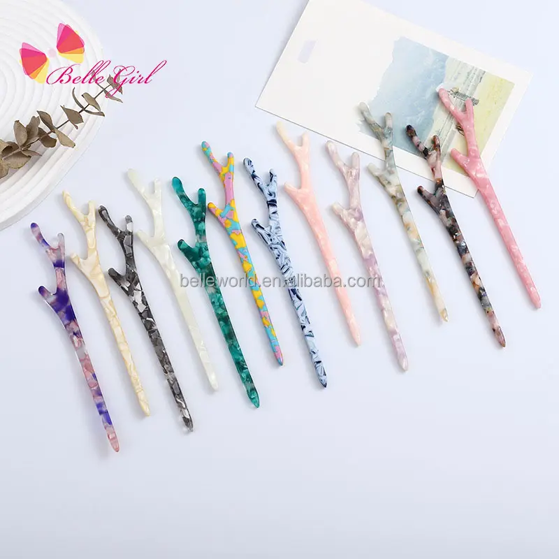 BELLEWORLD Factory Customized Chinese style Classic elegant antler branch acetic acid hair sticks acetate hair forks