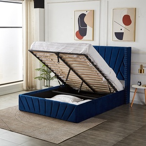 Luxueux tissu <span class=keywords><strong>de</strong></span> velours <span class=keywords><strong>bleu</strong></span> <span class=keywords><strong>nuit</strong></span> tapisserie d'ameublement ascenseur à gaz queen size pouf stockage <span class=keywords><strong>lit</strong></span> double avec tête <span class=keywords><strong>de</strong></span> <span class=keywords><strong>lit</strong></span> ailée - Product Image 2