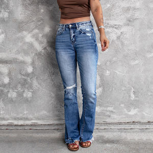 Nouveautés transfrontalières automne/hiver, pantalon flare tendance à taille haute, extensible, à bords effilochés, délavé, <span class=keywords><strong>jean</strong></span> long pour femmes - Product Image 2