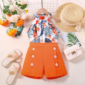 2024 New Summer Teen Kids Clothes Printed Halter Top Shorts Two Piece Girls Clothing Sets