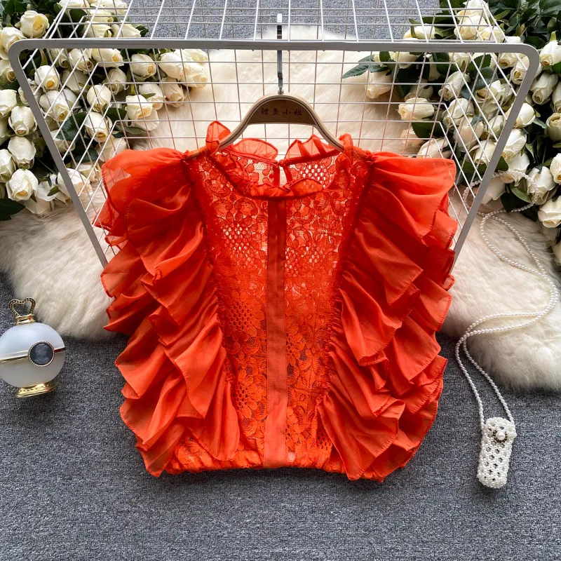 宮殿スタイルのレースシャツ女性の夏のノースリーブかぎ針編みフリルブラウス女性の妖精スウィートトップ卸売