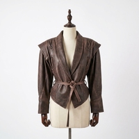 Blouson en peau de mouton véritable pour femme, anti-rides, écologique, avec ceinture, col rabattu, manches longues, court, automne
