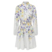 Robe élégante à manches longues pour femme, coupe ajustée, col montant, en mousseline, pour occasions printanières