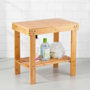 Tabouret de douche en bambou avec étagère de rangement, imperméable, antidérapant, siège de spa pour salle de bain, construction en bois naturel pour salle de bain, chambre et salon - Product Image 1