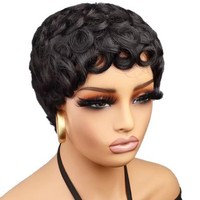 Perruque Courte Bouclée Noire Pixie Cut en Cheveux Humains Remy Faite à la Machine pour Fournisseur en Gros et Livraison Directe