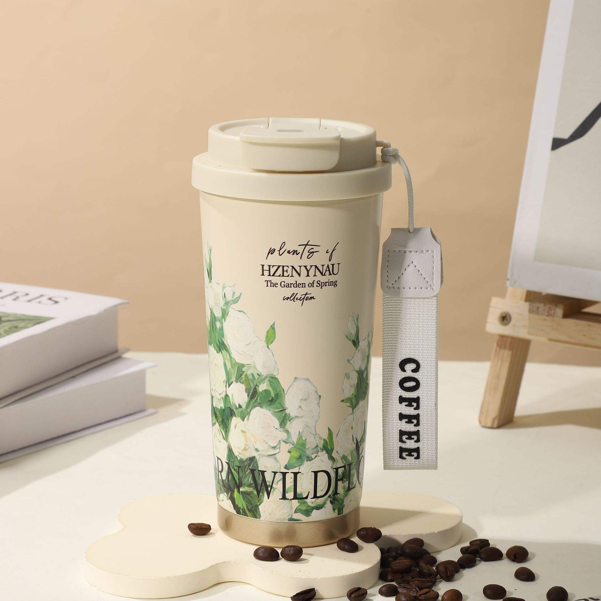 Double-drink coffee cup 530ML white rose 5D craftsmanship