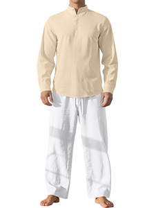 Completo Casual da <span class=keywords><strong>Uomo</strong></span> in <span class=keywords><strong>Lino</strong></span> a Due Pezzi, Motivo Tinta Unita, Camicia a Maniche Lunghe Larga e Traspirante con Pantaloni, Perfetto Outfit Autunnale da <span class=keywords><strong>Spiaggia</strong></span> - Product Image 6