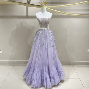 JFH89 Vestidos de Noche Vintage con Cuello Barco Brillante, Lentejuelas Moradas, Lazo de Cristal, Cintura Natural de Gasa, Corte A y Cola Capilla - Product Image 1