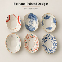 Ensemble de 6 bols décoratifs en céramique, peints à la main, motif floral bleu, rouge, violet, baies et vigne, bordure beige, pour sauces, tapas et snacks, décoration