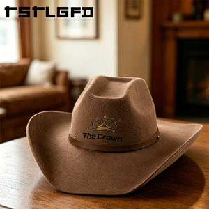 Chapeau de cowboy en feutre de laine marron avec logo personnalisé, vente en gros, chapeau western à large bord avec bande en cuir, fabricant - Product Image 3