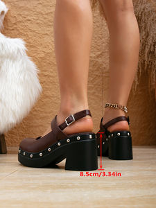 하이 플랫폼 리벳 펑크 스타일 대형 페이턴트 PU 여성용 신발 굵은 라운드 토 사이즈 43 패션 힐 - Product Image 2