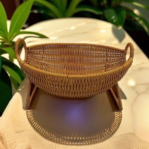 Rattan Style Fruit <b>Basket</b> Bowl With Handles Storage Tray For Living Room Snack And Dessert Display Plastic <b>Weaved</b> Design - Product Image 3