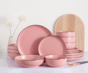 16Pcs Blush Pink Speckled Matte Ceramic Dinnerware <b>Set</b>, Luxury Gold Rim Round Plates Bowls Modern Nordic Home Kitchen Tableware - Product Image 1
