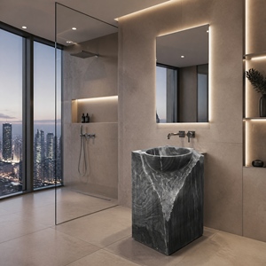 Poulars Wholesale Luxury Wall-mounted Natural Stone Man Made Wash Pedestal Hand Washing Sink Grey Wood Marble Stone Basin - Product Image 6